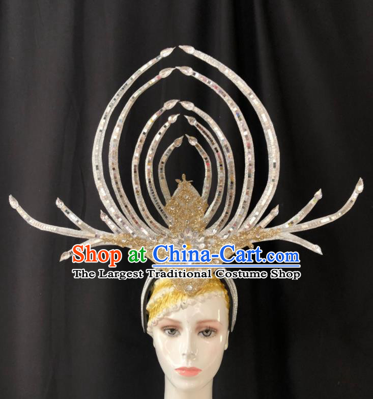Handmade Brazil Carnival Headdress Samba Dance Deluxe Hair Accessories Easter Parade Headpiece Halloween Cosplay Giant Argent Royal Crown