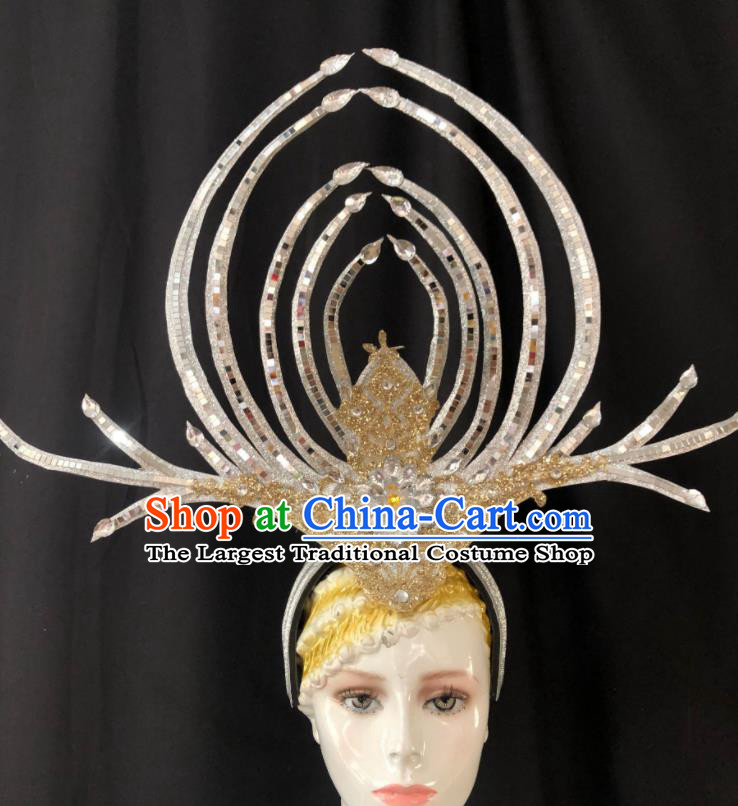 Handmade Brazil Carnival Headdress Samba Dance Deluxe Hair Accessories Easter Parade Headpiece Halloween Cosplay Giant Argent Royal Crown