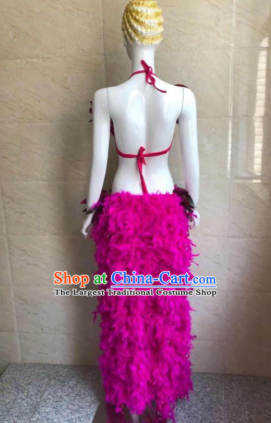 Custom Woman Catwalks Rosy Feather Swimwear Samba Dance Costumes Brazilian Carnival Uniforms Party Show Clothing
