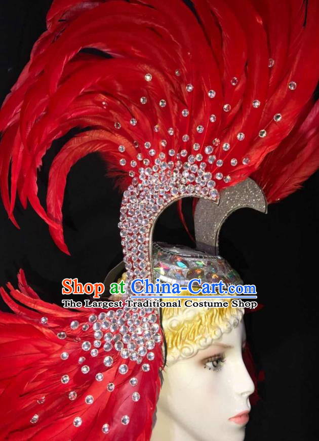 Handmade Stage Show Royal Crown Halloween Cosplay Giant Headpiece Samba Dance Hair Accessories Rio Carnival Red Feather Headwear