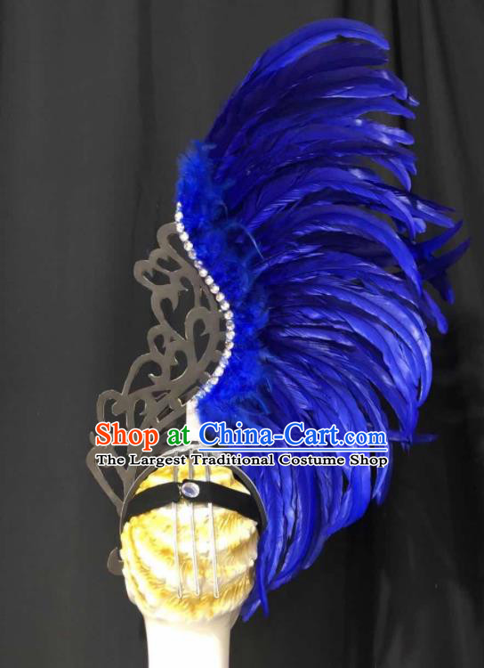 Handmade Rio Carnival Royalblue Feather Headwear Stage Show Royal Crown Halloween Cosplay Giant Headpiece Samba Dance Hair Accessories