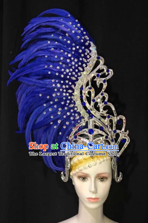 Handmade Rio Carnival Royalblue Feather Headwear Stage Show Royal Crown Halloween Cosplay Giant Headpiece Samba Dance Hair Accessories