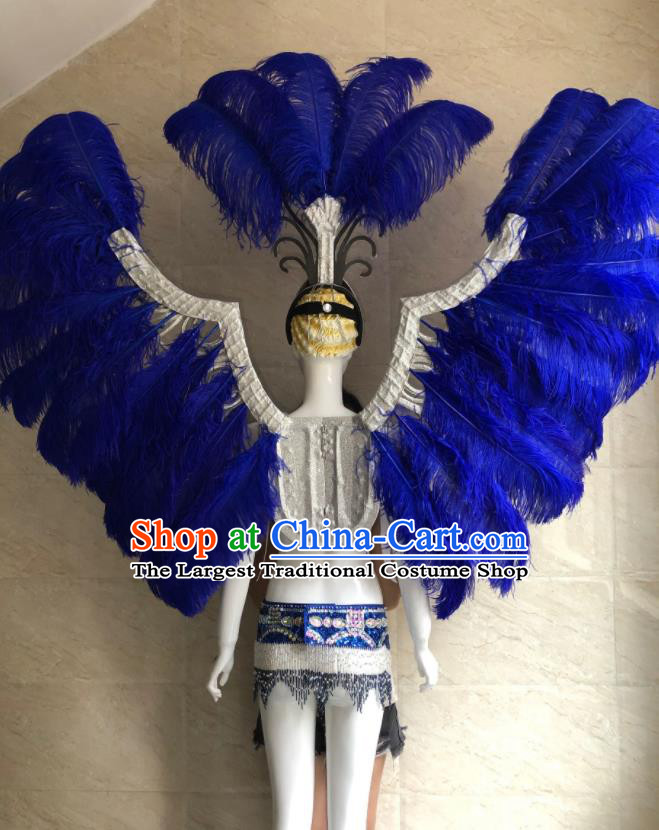 Custom Brazilian Carnival Costumes Professional Catwalks Clothing Woman Swimsuits Samba Dance Uniforms and Royalblue Feather Wings Headdress