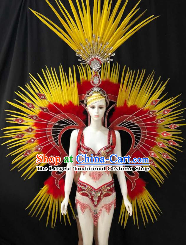 Custom Samba Dance Uniforms Brazilian Carnival Costumes Professional Catwalks Clothing Woman Swimsuits and Red Feather Butterfly Wings Headdress