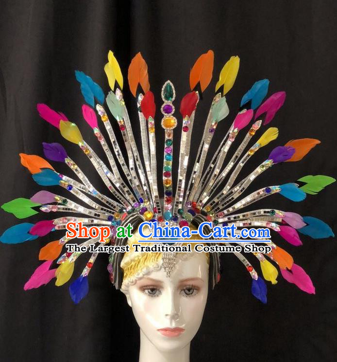 Handmade Rio Carnival Colorful Feather Headdress Stage Show Royal Crown Halloween Cosplay Headpiece Samba Dance Hair Accessories