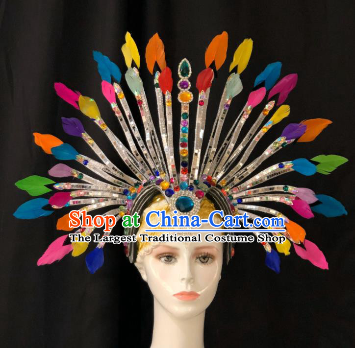 Handmade Rio Carnival Colorful Feather Headdress Stage Show Royal Crown Halloween Cosplay Headpiece Samba Dance Hair Accessories