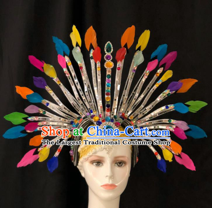 Handmade Rio Carnival Colorful Feather Headdress Stage Show Royal Crown Halloween Cosplay Headpiece Samba Dance Hair Accessories