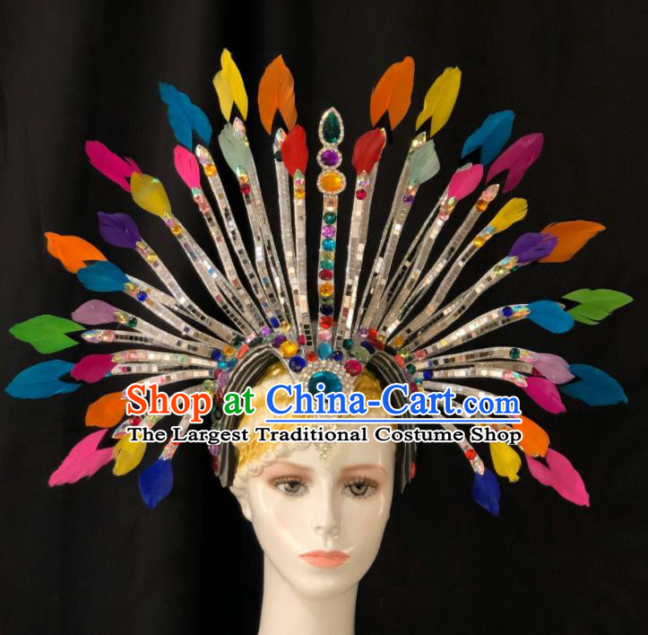 Handmade Rio Carnival Colorful Feather Headdress Stage Show Royal Crown Halloween Cosplay Headpiece Samba Dance Hair Accessories