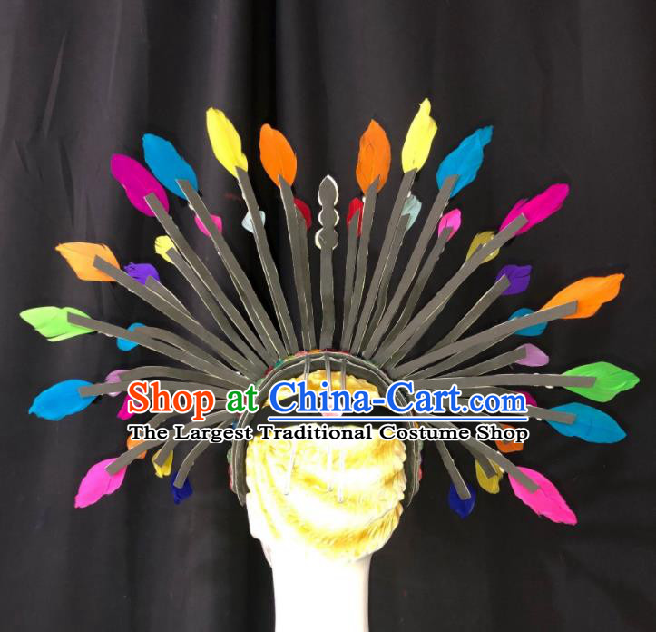Handmade Rio Carnival Colorful Feather Headdress Stage Show Royal Crown Halloween Cosplay Headpiece Samba Dance Hair Accessories