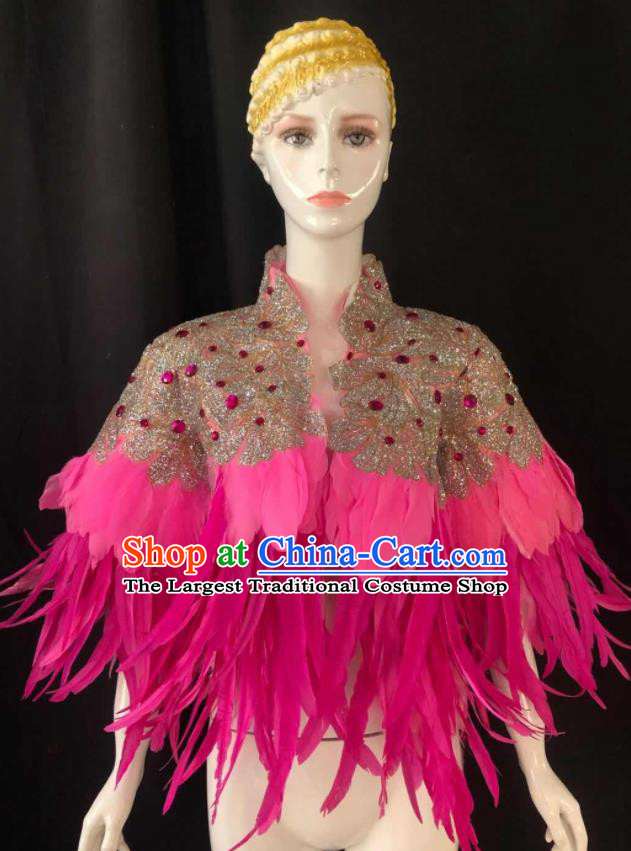 Custom Samba Dance Rosy Feather Mantle Brazilian Carnival Cape Stage Show Clothing Woman Catwalks Tippet