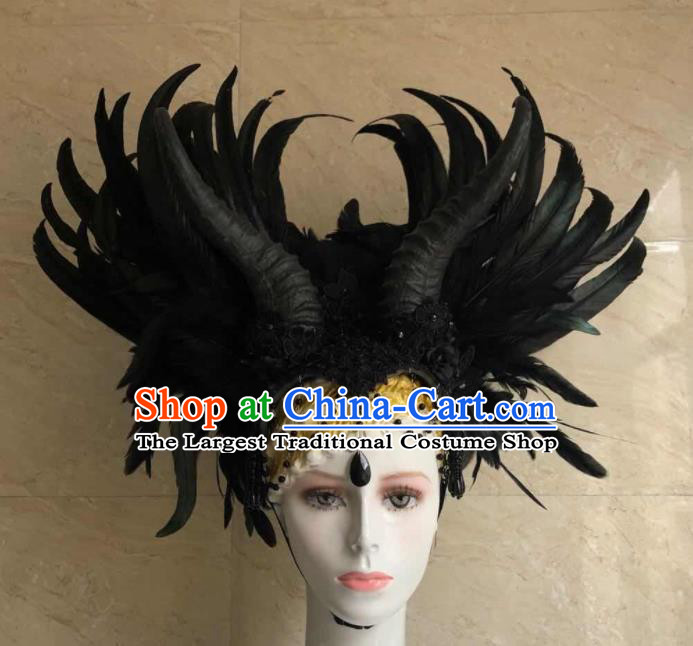 Handmade Black Angel Feathers Royal Crown Halloween Cosplay Hair Accessories Samba Dance Headpiece Rio Carnival Headdress