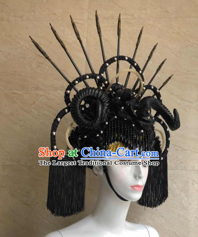 Handmade Rio Carnival Headdress Black Tassel Royal Crown Halloween Cosplay Hair Accessories Opening Dance Headpiece