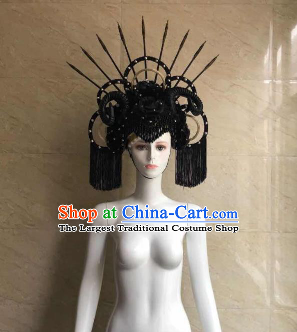 Handmade Rio Carnival Headdress Black Tassel Royal Crown Halloween Cosplay Hair Accessories Opening Dance Headpiece