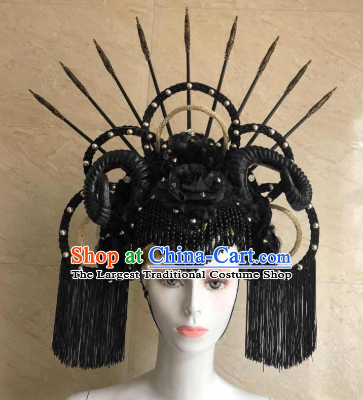 Handmade Rio Carnival Headdress Black Tassel Royal Crown Halloween Cosplay Hair Accessories Opening Dance Headpiece