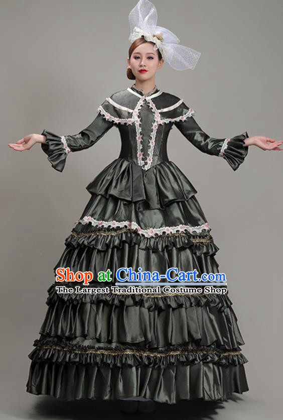 Custom Europe Noble Woman Fashion European Stage Performance Clothing Western Court Deep Grey Dress Vintage Garment Costume