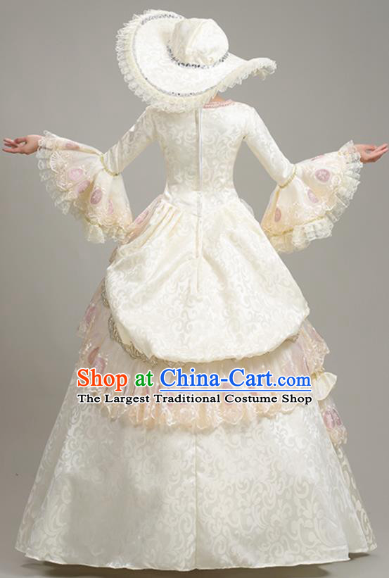 Custom Western Court Beige Lace Full Dress Europe Vintage Garment Costume Noble Woman Fashion European Stage Performance Clothing