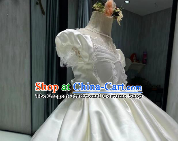 Top Children Stage Performance White Satin Full Dress Catwalks Show Clothing Girl Compere Evening Garment