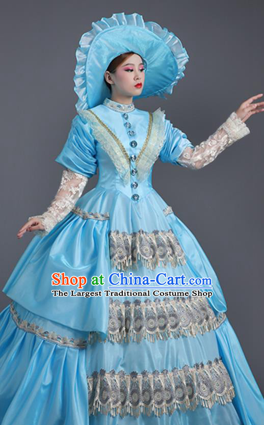Custom Drama Performance Fashion European Royal Princess Clothing Western Stage Blue Full Dress Europe Vintage Garment Costume