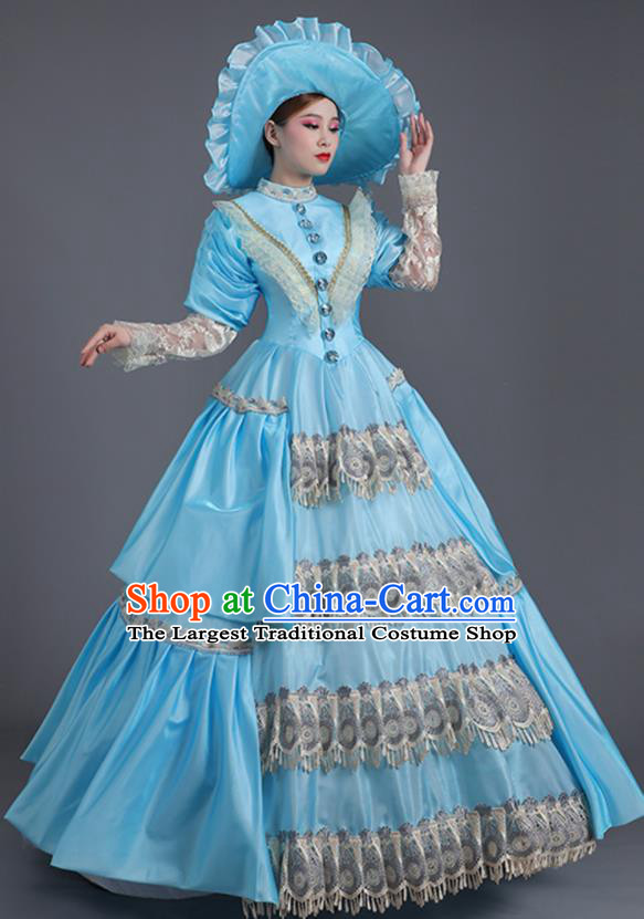 Custom Drama Performance Fashion European Royal Princess Clothing Western Stage Blue Full Dress Europe Vintage Garment Costume