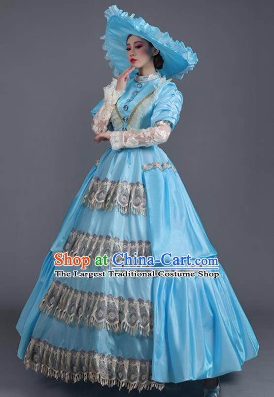 Custom Drama Performance Fashion European Royal Princess Clothing Western Stage Blue Full Dress Europe Vintage Garment Costume