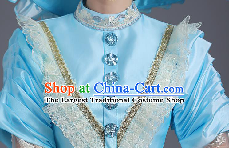 Custom Drama Performance Fashion European Royal Princess Clothing Western Stage Blue Full Dress Europe Vintage Garment Costume