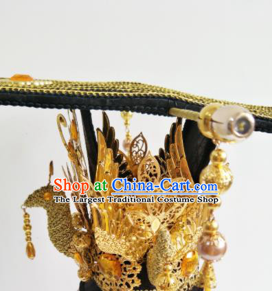 China Ancient Queen Golden Phoenix Hair Crown Traditional Drama Court Hair Accessories Tang Dynasty Empress Wu Zetian Tassel Hat Headdress