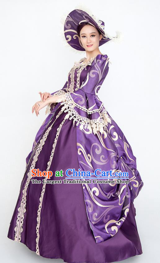 Custom Europe Vintage Full Dress Western Court Fashion European Noble Lady Purple Satin Dress Medieval Age Clothing