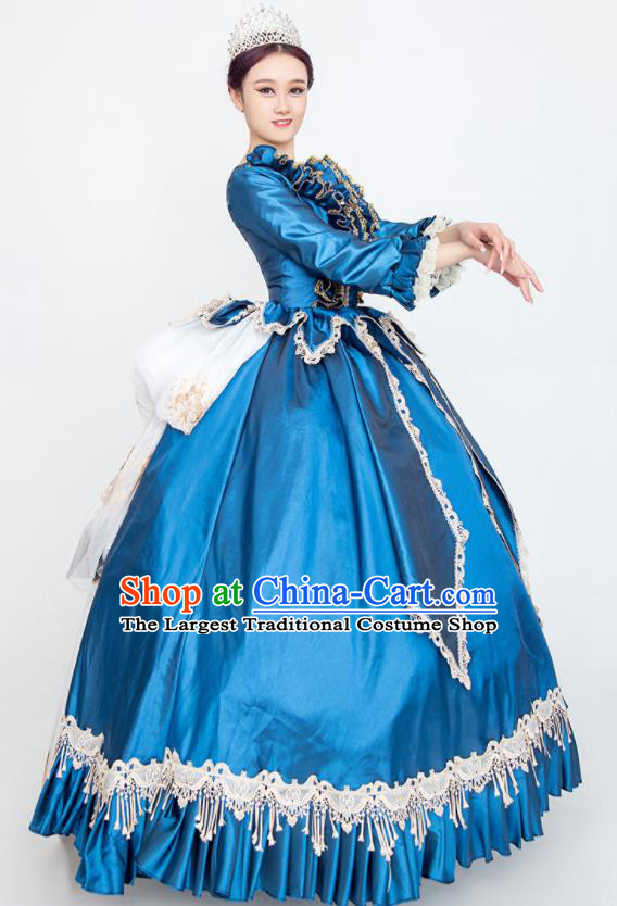Custom Europe Medieval Age Clothing Vintage Full Dress Western Court Fashion European Noble Woman Blue Satin Dress
