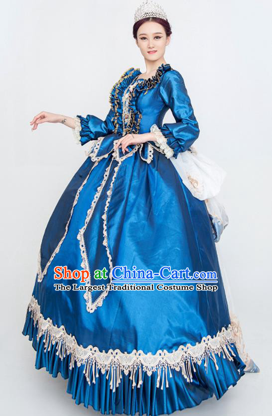 Custom Europe Medieval Age Clothing Vintage Full Dress Western Court Fashion European Noble Woman Blue Satin Dress