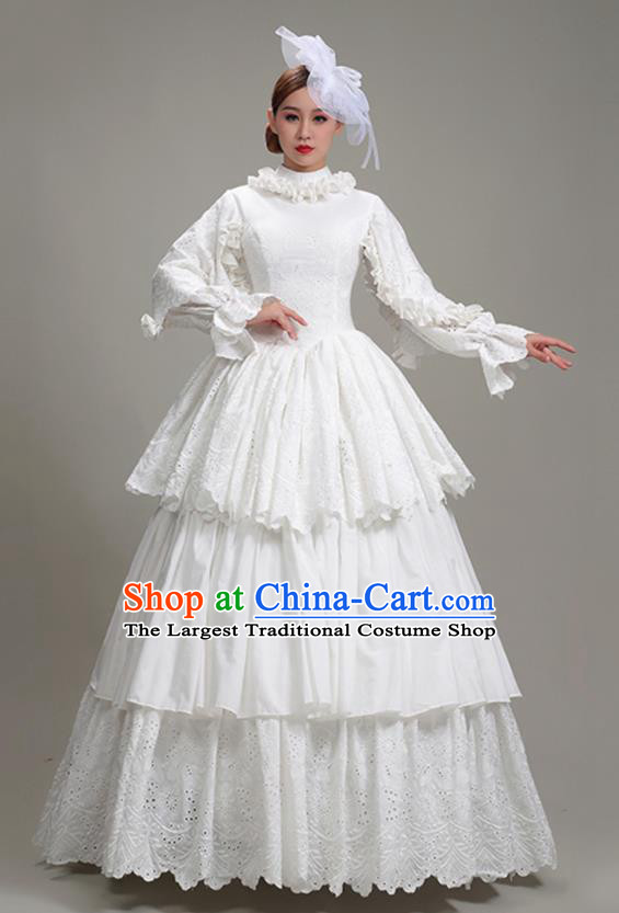 Custom European Noble Lady White Lace Dress Western Medieval Age Clothing Europe Vintage Full Dress Court Fashion