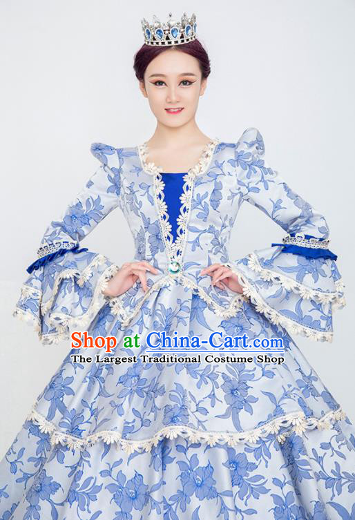 Custom European Noble Woman Printing Blue Dress Europe Drama Stage Clothing Vintage Full Dress Western Court Fashion