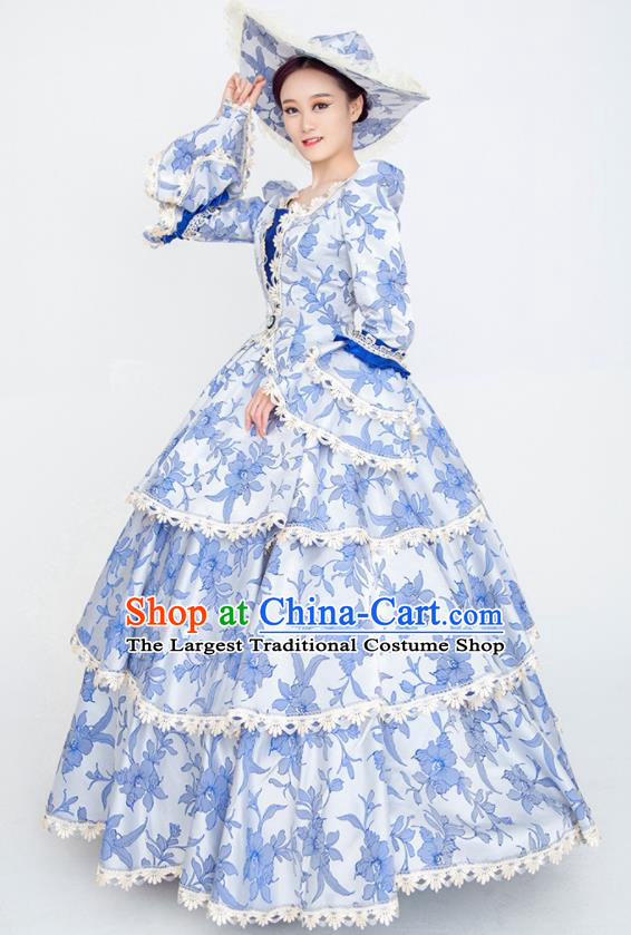 Custom European Noble Woman Printing Blue Dress Europe Drama Stage Clothing Vintage Full Dress Western Court Fashion