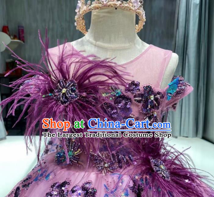 Top Catwalks Show Embroidered Sequins Clothing Girl Compere Evening Garment Children Stage Performance Purple Full Dress