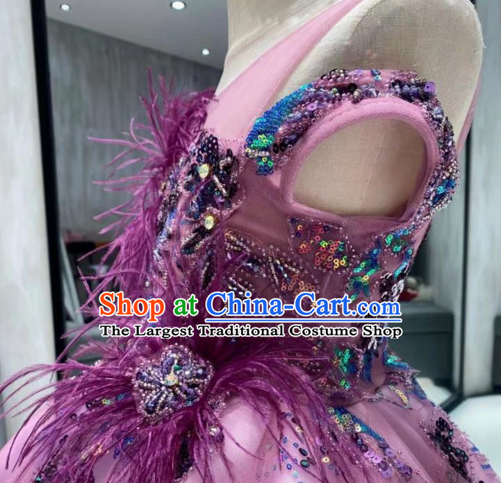 Top Catwalks Show Embroidered Sequins Clothing Girl Compere Evening Garment Children Stage Performance Purple Full Dress
