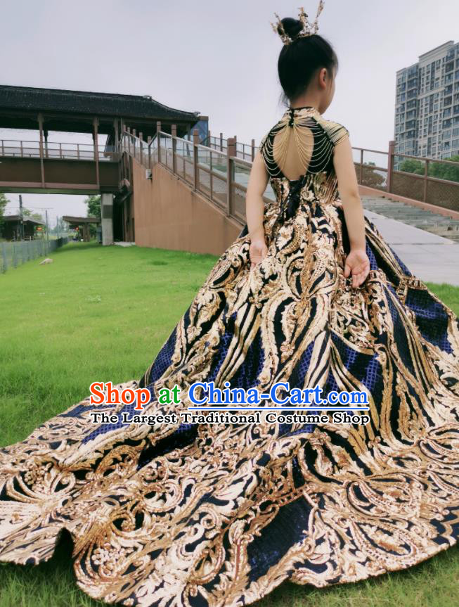 Top Christmas Baroque Princess Formal Garment Children Stage Performance Blue Trailing Evening Dress Girl Catwalks Show Embroidered Clothing