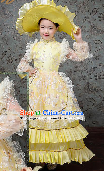 Custom Children Day Performance Yellow Dress Europe Palace Clothing Girl Princess Full Dress Kid Birthday Fashion