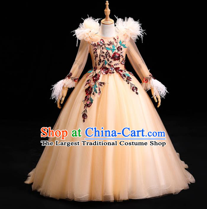 Top Girl Catwalks Show Embroidered Clothing Christmas Princess Formal Garment Children Stage Performance Champagne Veil Evening Dress