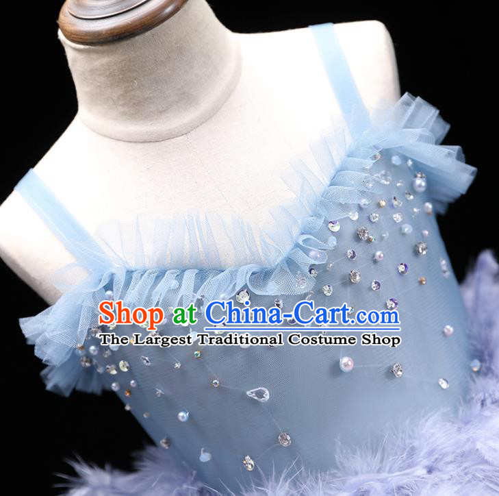 Top Girl Catwalks Show Bubble Evening Dress Christmas Princess Garment Children Stage Performance Blue Feather Formal Clothing