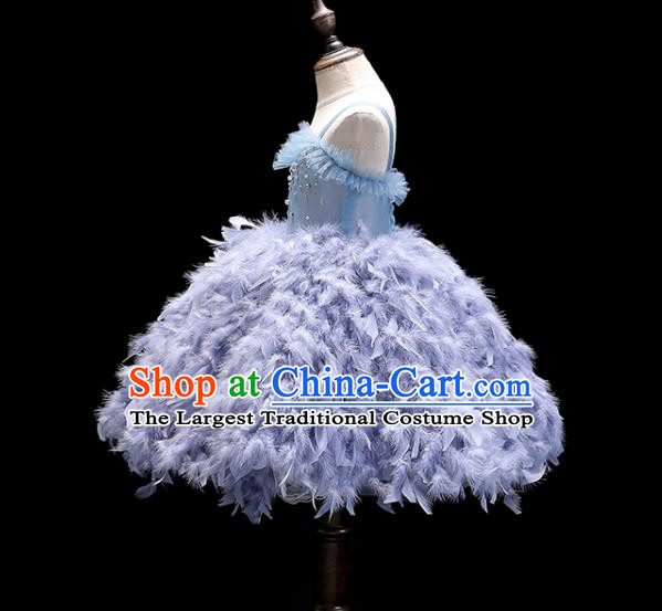 Top Girl Catwalks Show Bubble Evening Dress Christmas Princess Garment Children Stage Performance Blue Feather Formal Clothing