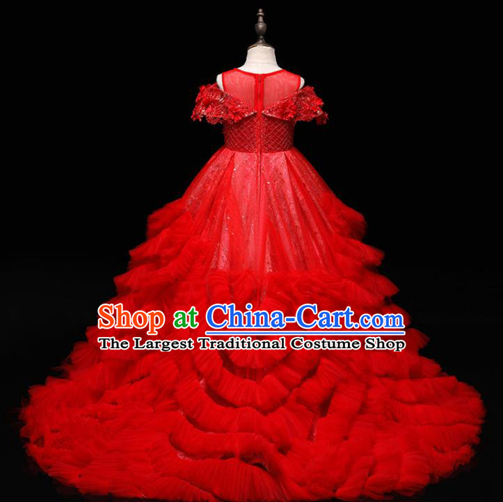 Top Christmas Princess Red Lace Garment Children Stage Performance Formal Clothing Girl Catwalks Show Trailing Evening Dress