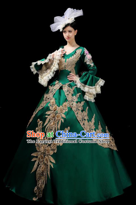 Custom European Medieval Green Full Dress Drama Performance Fashion Woman Catwalks Dress Europe Countess Clothing