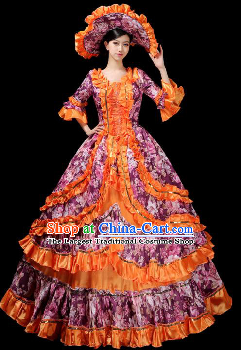 Custom European Vintage Printing Dress Opera Performance Fashion Europe Catwalks Clothing Western Royal Purple Full Dress