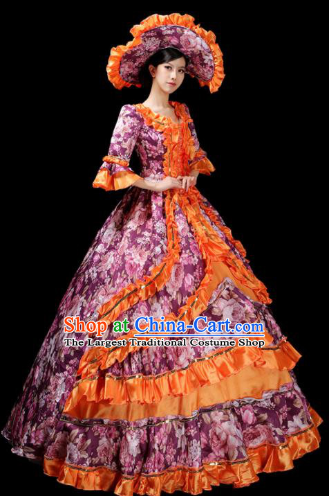 Custom European Vintage Printing Dress Opera Performance Fashion Europe Catwalks Clothing Western Royal Purple Full Dress
