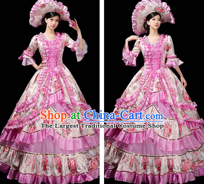 Custom Western Royal Pink Full Dress European Vintage Printing Dress Opera Performance Fashion Europe Catwalks Clothing