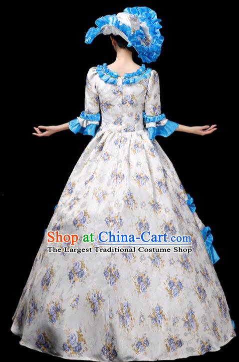 Custom Europe Catwalks Clothing Western Royal Blue Full Dress European Vintage Printing Dress Opera Performance Fashion