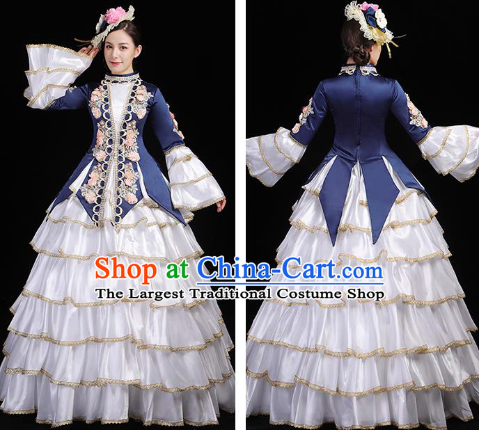 Custom Catwalks Navy Full Dress European Medieval Vintage Dress Western Opera Performance Fashion Europe Court Woman Clothing