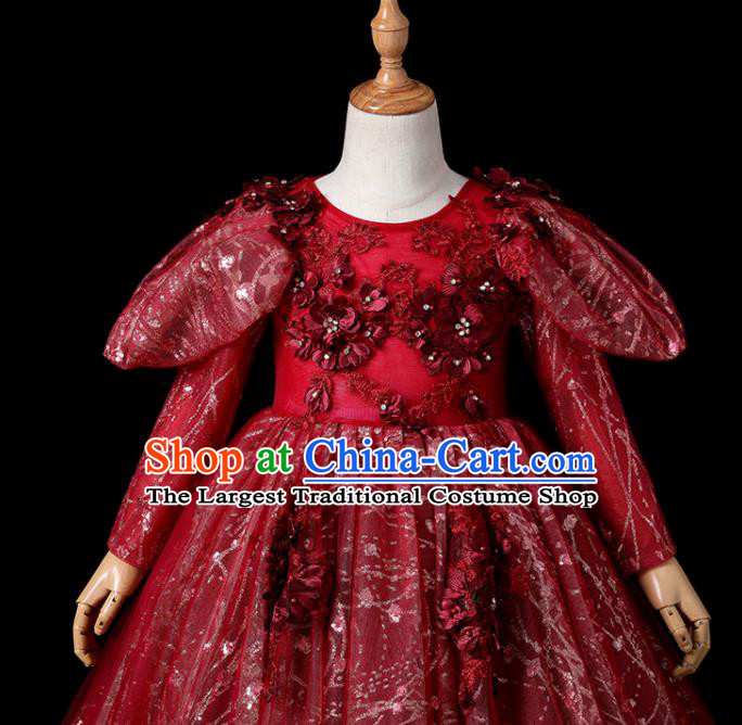 Top Children Stage Show Formal Clothing Girl Catwalks Wine Red Evening Dress Christmas Princess Fashion Garment