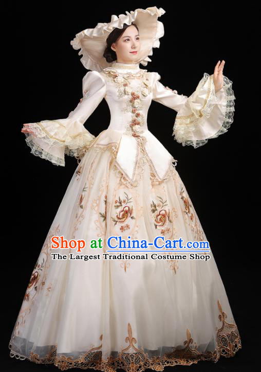 Custom Western Stage Opera Fashion Europe Noble Lady Clothing Catwalks Beige Full Dress European Medieval Vintage Dress