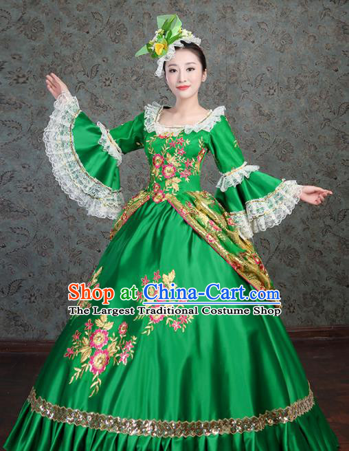 Custom European Medieval Vintage Dress Western Stage Opera Fashion Europe Noble Lady Clothing Catwalks Green Satin Full Dress