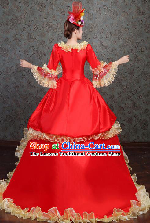 Custom Catwalks Red Satin Trailing Full Dress European Medieval Vintage Dress Western Stage Opera Fashion Europe Noble Lady Clothing